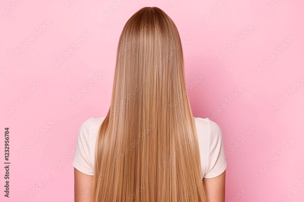 custom made wallpaper toronto digitalBack view of blonde woman, long sleek straight hair, natural shine, isolated on soft pink background, radiant and elegant look, minimalistic hairstyle concept, stylish and polished.

