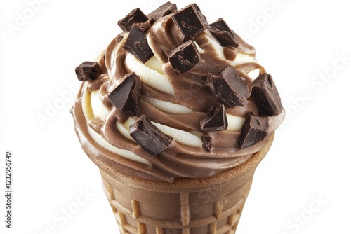 Delicious soft serve ice cream topped with chocolate chunks in a waffle cone