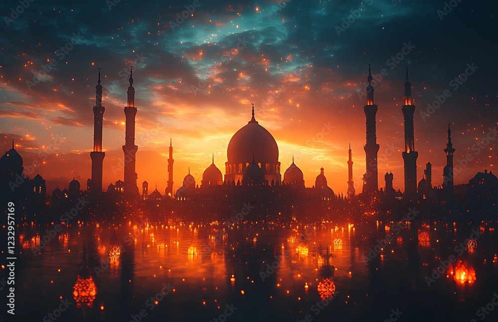 Fototapeta premium Illuminated Mosque with Glowing Minarets at Sunset, Reflected on Water with Floating Lanterns