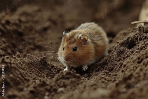 Small brown rodent exploring the earth in a natural habitat during daylight h...