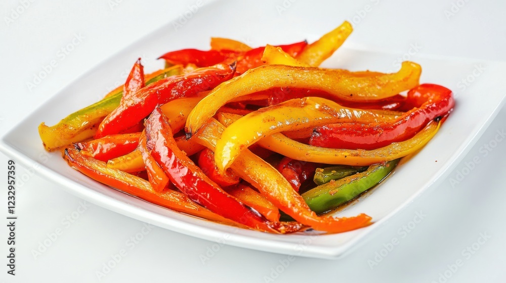 A simple serving of roasted bell pepper strips, lightly seasoned and arranged on a plain white ceramic plate, Bell pepper strips centered A simple serving of roasted bell pepper strips, lightly seasoned and arranged on a plain white ceramic plate, Bell pepper strips centered