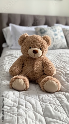 Soft teddy bear sits on a cozy bed with decorative pillows in a warm-toned in...