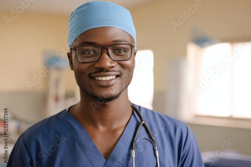 Smiling surgeon in operating room ready for surgery with confident demeanor