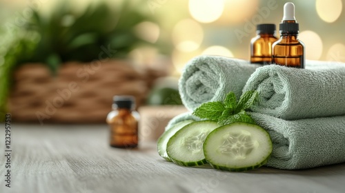 Refreshing cucumber slices and essential oils arranged for relaxation in a se...