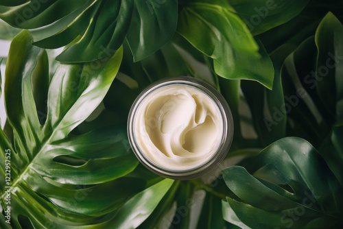 Luxurious cream in a glass jar surrounded by lush green leaves
