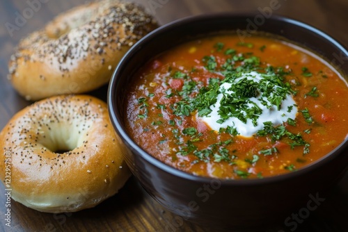 Delicious bowl of soup served with a fresh bagel and side salad at a cozy cafe