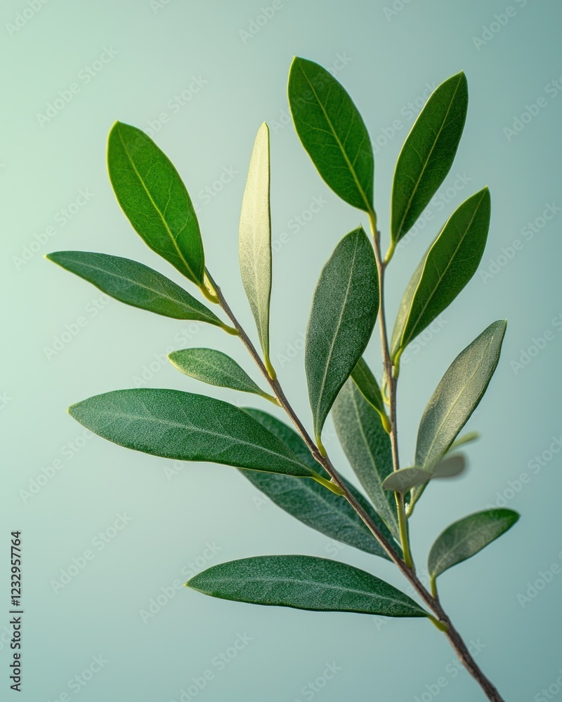Obraz premium Olive branch on teal background, sunlight, simple backdrop, product mockup