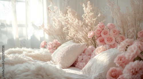 Soft pink flowers surround a cozy bed in a serene and inviting bedroom setting