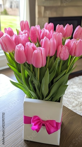 Beautiful pink tulips in a white square vase with a pink ribbon displayed ind...