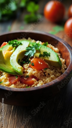 Fresh avocado and tomato salad served in a bowl with herbs and grains for a h...