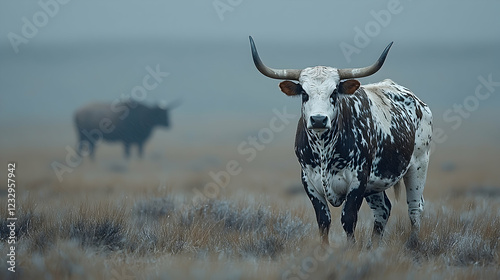 Nguni cattle in misty South African veldt photo