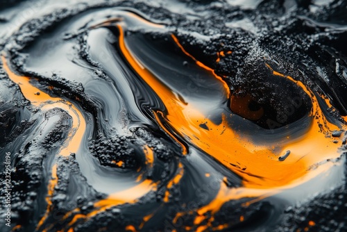 Vivid swirls of orange and black paint create an abstract art piece in a crea...