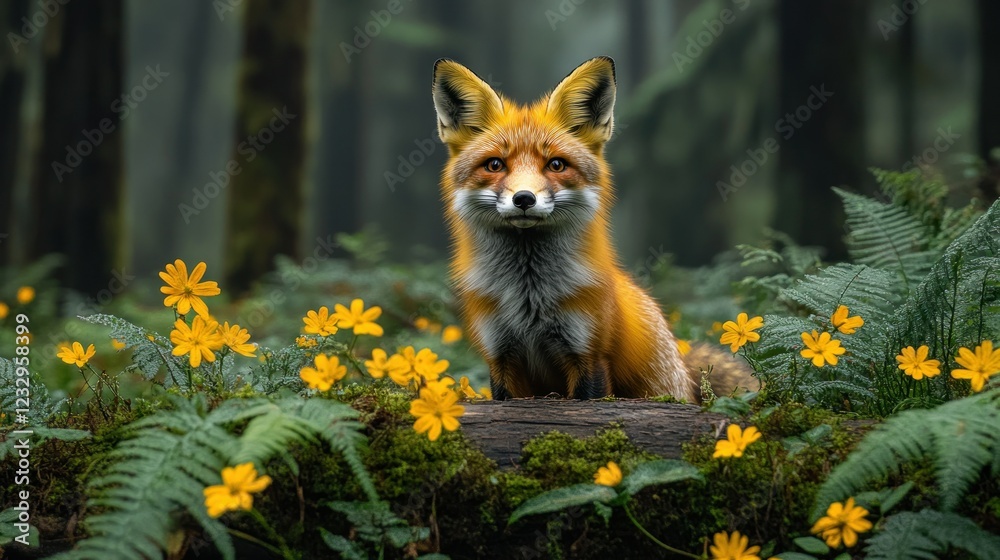 Naklejka premium Red fox sitting amidst yellow flowers in misty forest