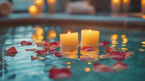 Relaxing evening with candles and rose petals in a hot tub during sunset