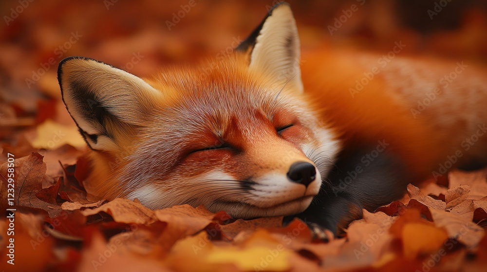 Fototapeta premium Red fox sleeping autumn leaves forest wildlife