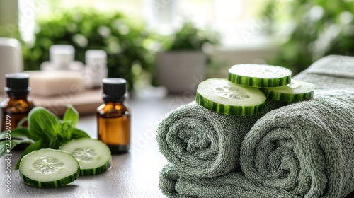Refreshing cucumber slices and essential oils arranged for relaxation in a se...