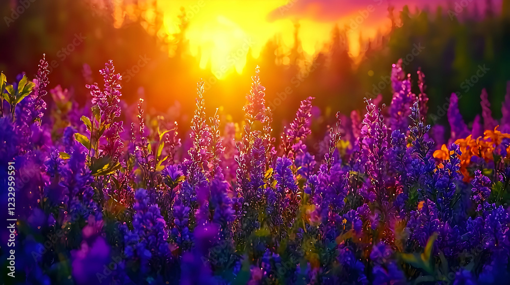 Fototapeta premium Sunset wildflowers meadow landscape, vibrant colors, forest background, nature photography
