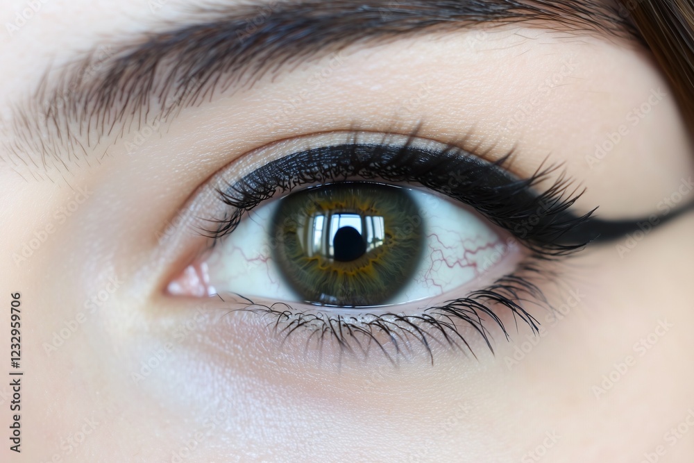 Obraz premium Detailed close-up of a womana??s dark olive-green eye, with visible veins and textured patterns in the iris, captured in
