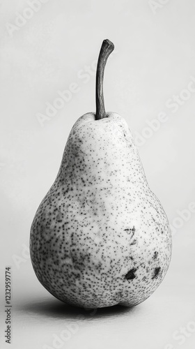 Ripened pear with speckled skin placed on a dark surface with soft lighting