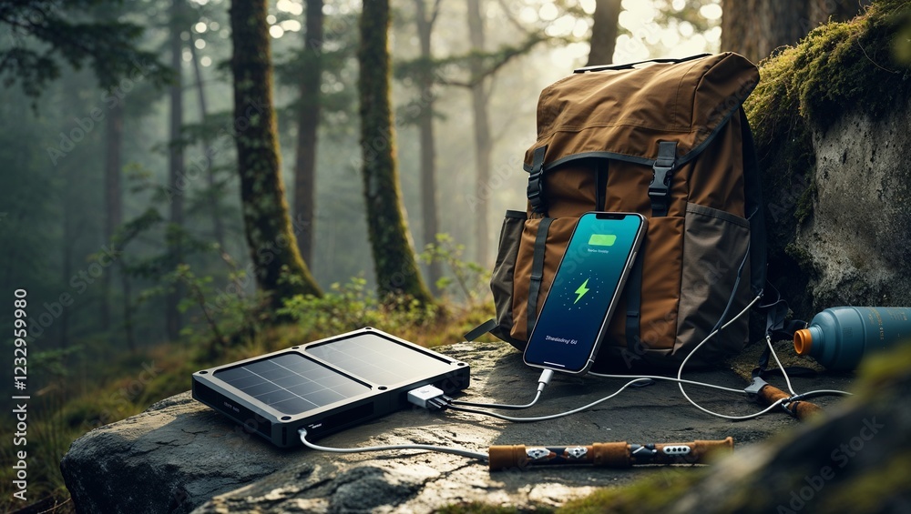 Solar-powered phone charging setup in forest during camping trip