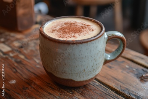 Hot beverage in a ceramic mug on a wooden table in a cozy setting