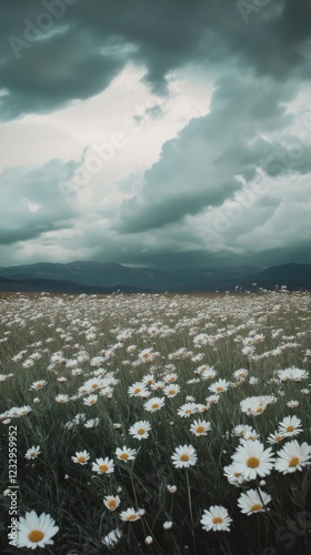 Field of white daisies under a moody sky with rolling clouds in the distance