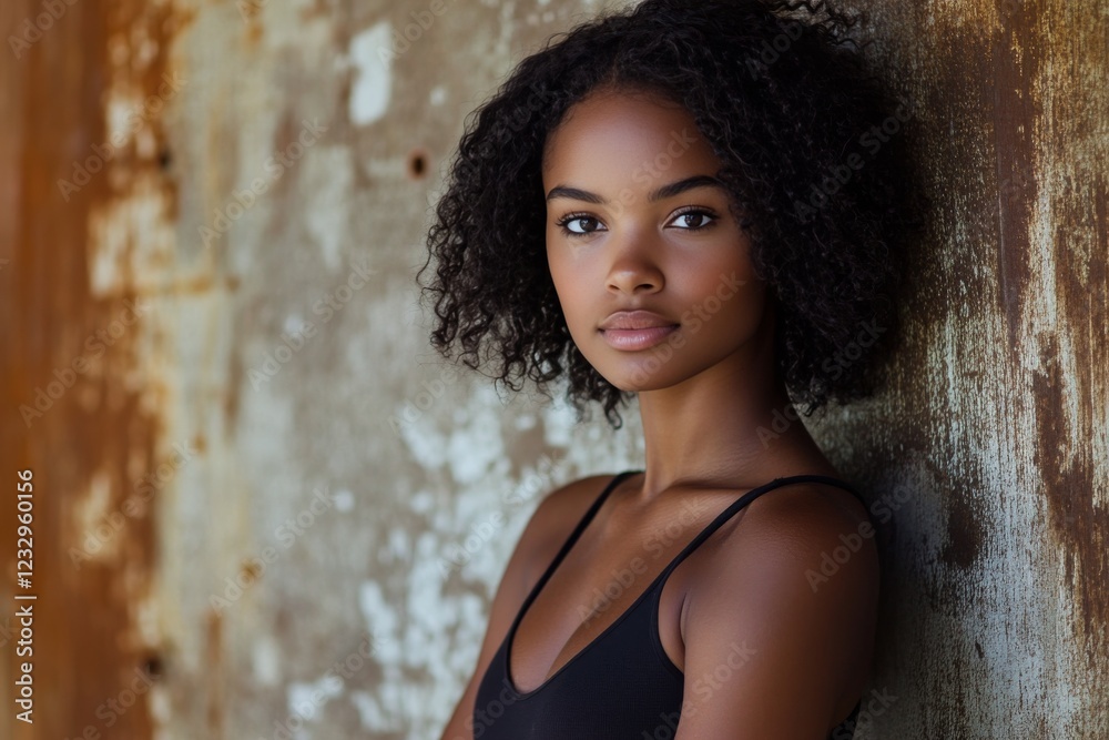 Fototapeta premium Portrait of a young woman with curly hair against a rustic wall showcasing natural beauty and confidence