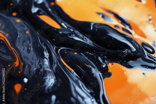 Vivid swirls of orange and black paint create an abstract art piece in a crea...
