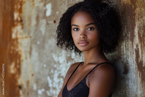 Portrait of a young woman with curly hair against a rustic wall showcasing na...