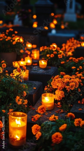 Beautiful arrangement of orange flowers and candles at a grave during evening...