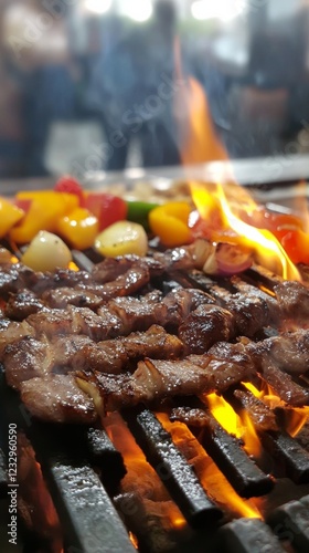 Grilling meat and vegetables over open flames at a summer barbecue gathering