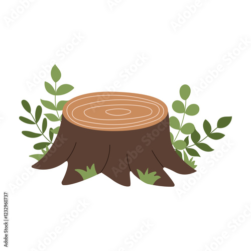 A tree stump with green leaves on top of it. The stump is brown and has a rough texture