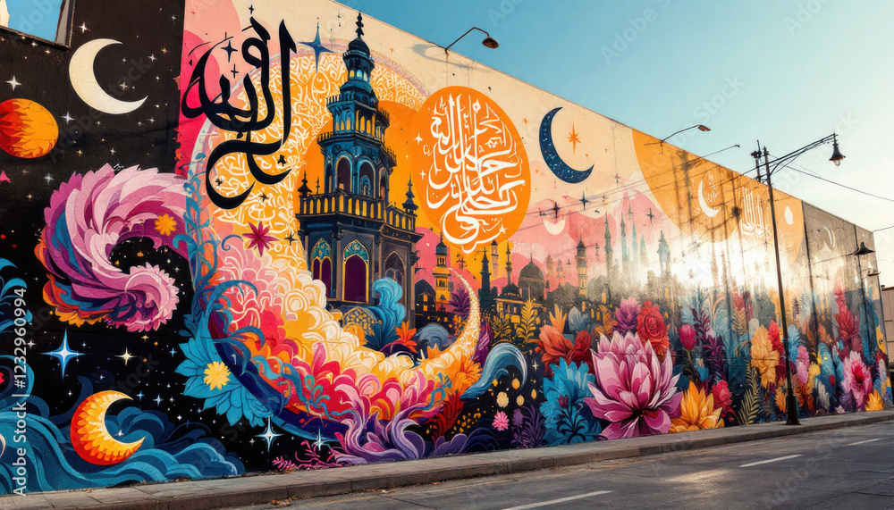 Obraz premium Vibrant Islamic Mural: A Colorful Celebration of Faith and Art
