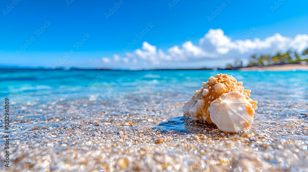 Seashell on tropical beach, ocean waves, sunny sky. Vacation travel postcard Seashell on tropical beach, ocean waves, sunny sky. Vacation travel postcard