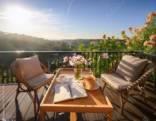 Generated image  A sunny balcony view with a breakfast tray, fresh flowers, and a journal, embodyin photo