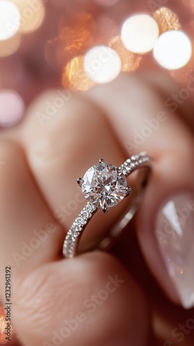 Ring with sparkling diamond held in hand against a blurred shimmering background