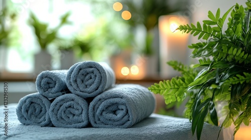 Relaxing spa setup with towels and essential oil in a serene indoor garden