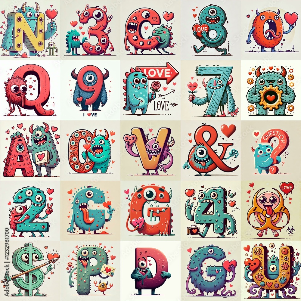 Fototapeta premium Love monsters Lettering Typeface. AI generated illustration
