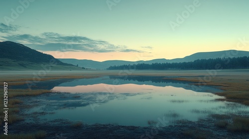 Wallpaper Mural Serene dawn, misty valley lake reflection, peaceful landscape, nature background Torontodigital.ca