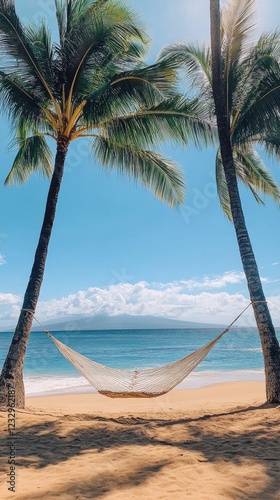Relaxing hammock between palm trees on a sunny beach in Hawaii