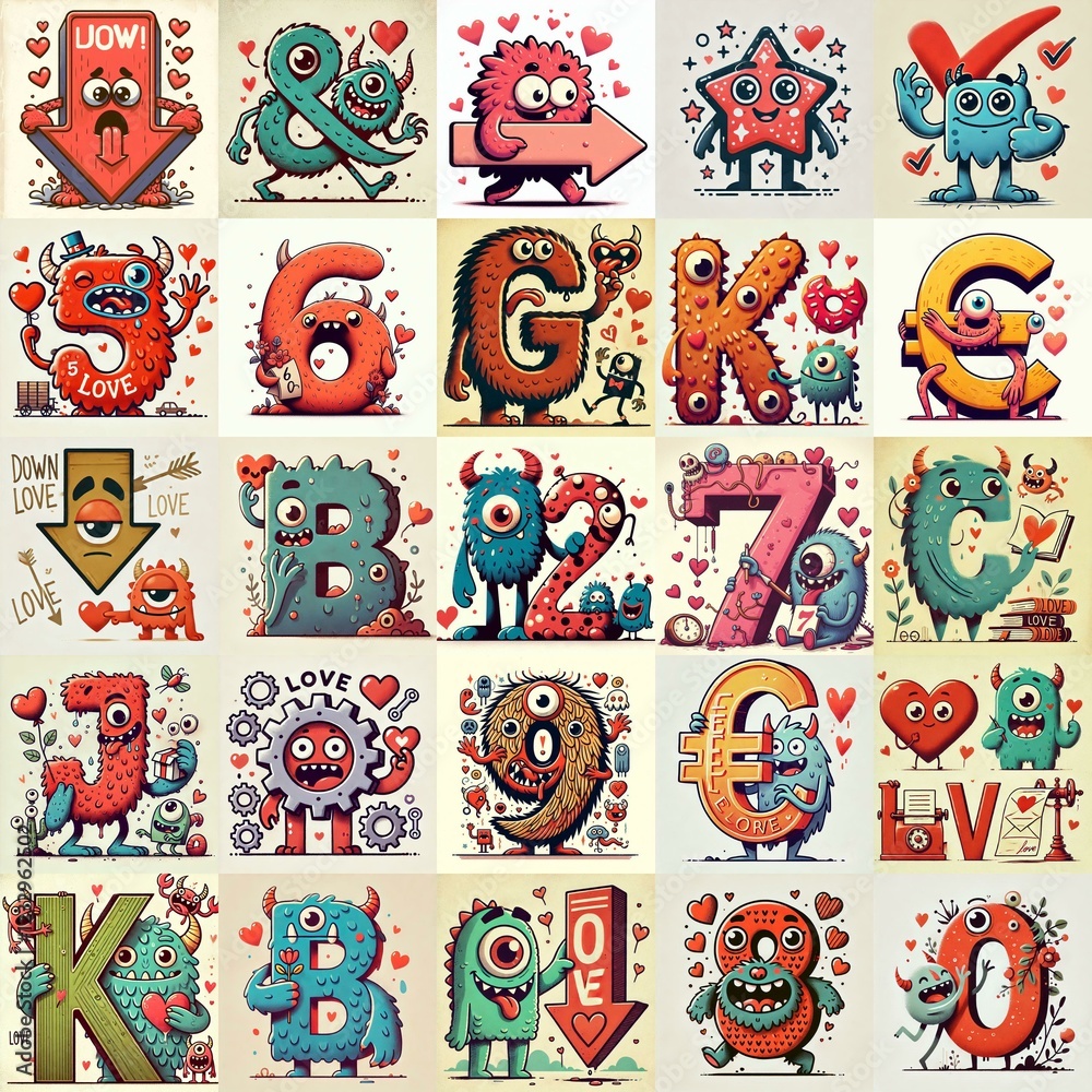 Obraz premium Love monsters Lettering Typeface. AI generated illustration