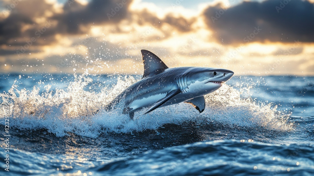 Fototapeta premium Shark leaping, ocean sunset, dramatic waves