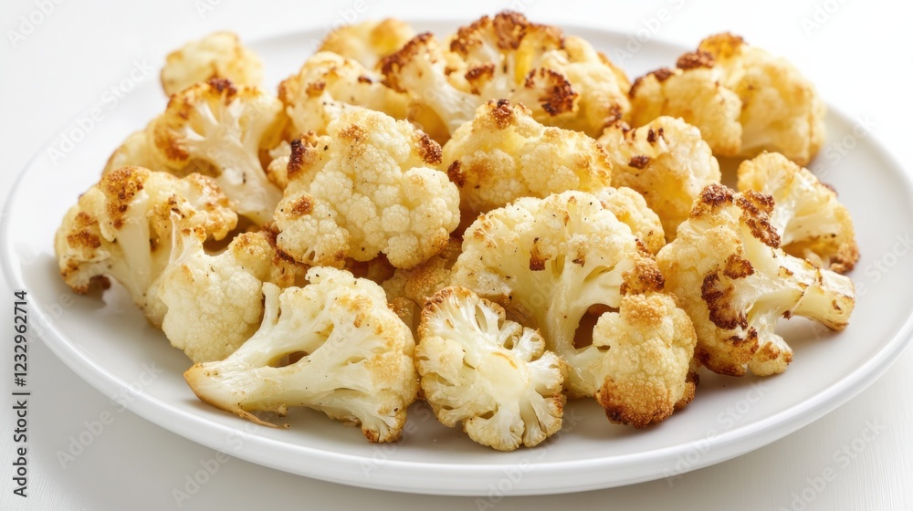 A simple serving of roasted cauliflower florets, lightly seasoned and arranged on a plain white ceramic plate, Cauliflower florets centered A simple serving of roasted cauliflower florets, lightly seasoned and arranged on a plain white ceramic plate, Cauliflower florets centered