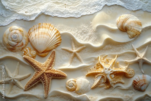 Sunlight illuminating seashells and starfish on sandy ocean floor during daytime