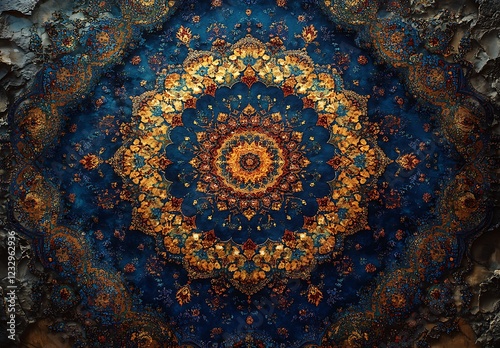 Exquisite Blue and Gold Mandala on a Dark Textured Canvas