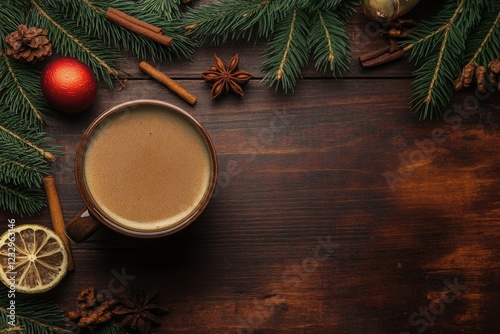 Hot beverage in a ceramic mug on a wooden table in a cozy setting