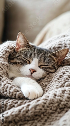 Cozy tabby cat peacefully sleeping under a warm blanket in a comfortable livi...