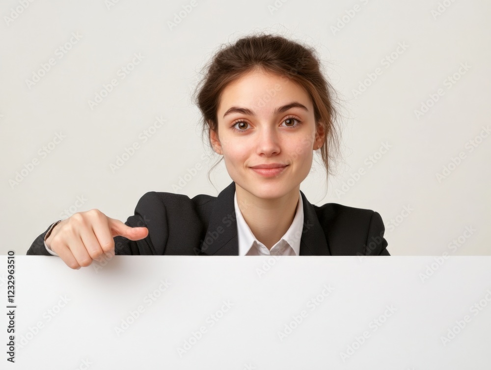 young businesswoman pointing at blank whiteboard young businesswoman pointing at blank whiteboard