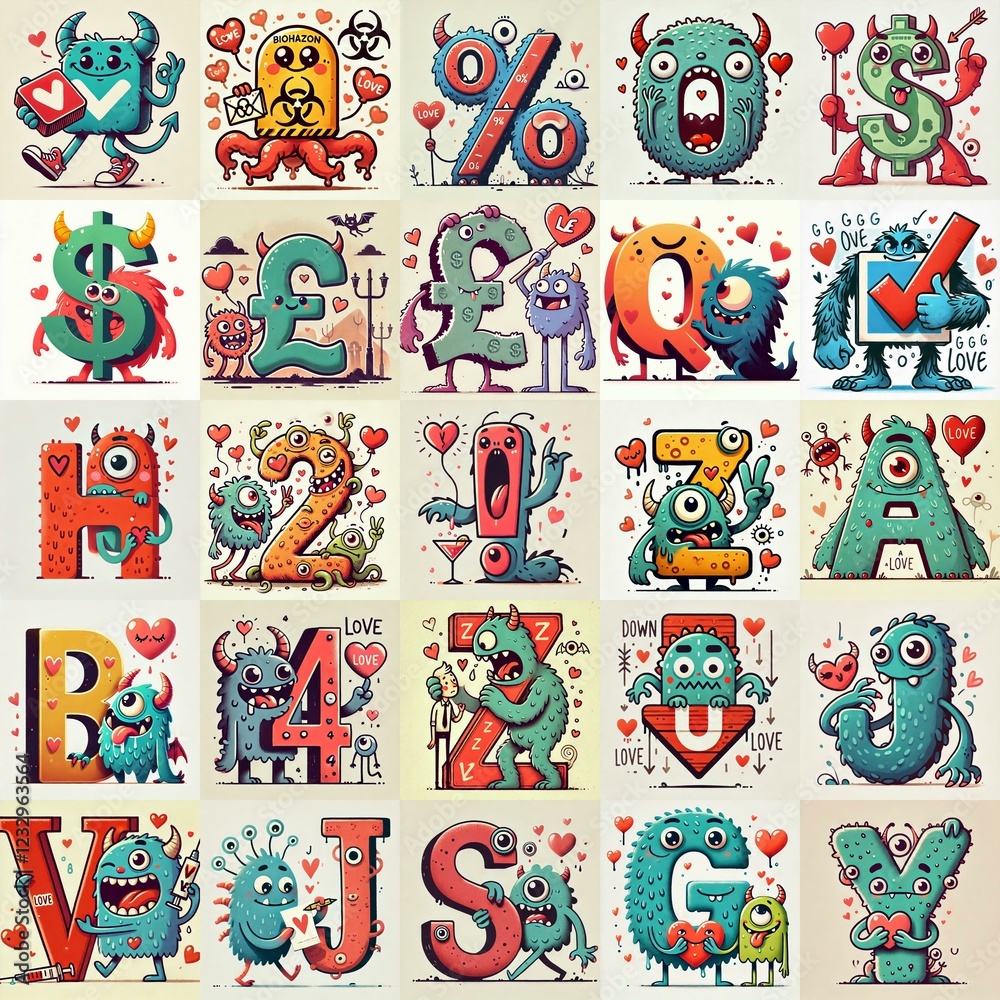 Obraz premium Love monsters Lettering Typeface. AI generated illustration
