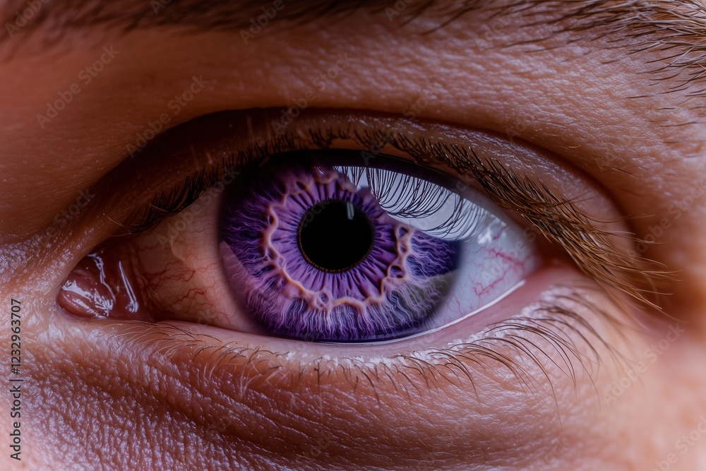 Fototapeta premium Detailed close-up of a mana??s deep amethyst eye, with rich patterns and smooth gradient transitions in the iris, captured in